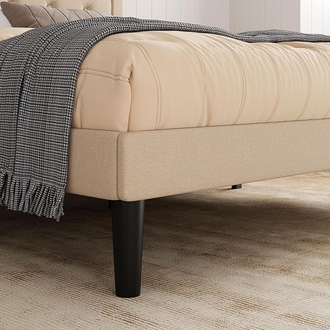 Allewie King Size Fabric Upholstered Bed Frame with Diamond Button Tufted/Adjustable Headboard/Wood Slat Support/Mattress Foundation/Beige