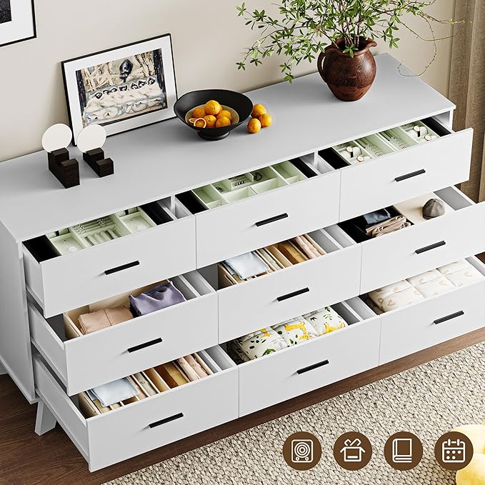 Dresser for Bedroom with 9-Drawer, 59" Wide Modern Chest of Drawers with Metal Handles, X-Shape Base & Adjustable Center Leg, Anti-Tip Closet Organizers and Storage