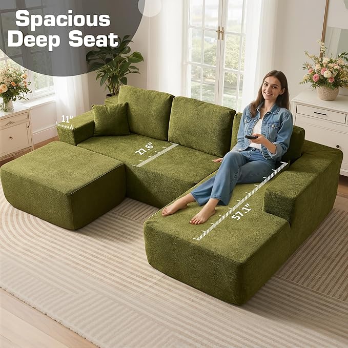 106" Cloud Sectional Couch with L-Shape Chaise & Ottoman, No Assembly Modular Sofa, Deep Seat Corduroy Boneless Couched for Living Room (Green Cloudy Velvet, Right Facing Chaise with Ottoman)