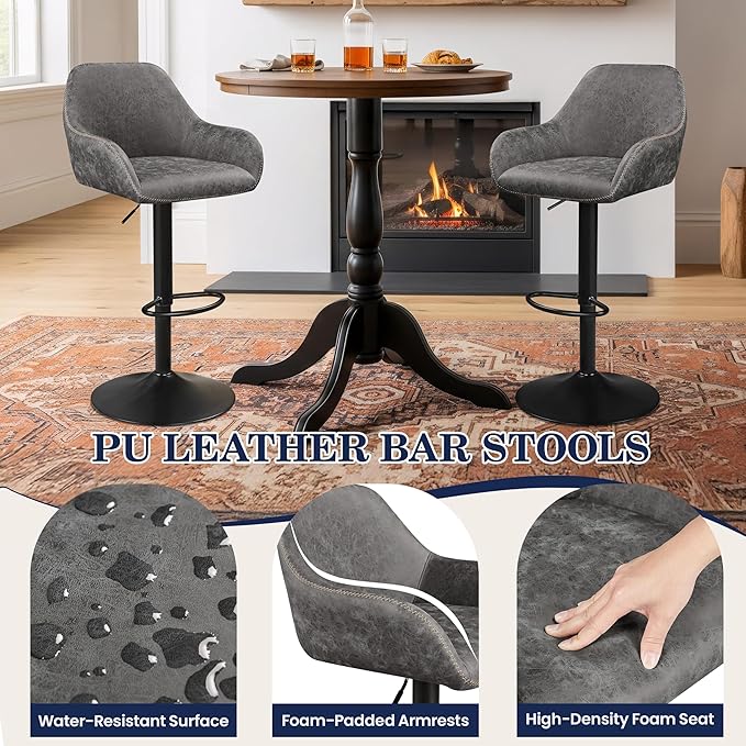 Yaheetech Bar Stools Set of 4, PU Leather Swivel Counter Height Barstools, Adjustable Bar Chairs with Backrest and Footrest, Kitchen Island Stool for Home Kitchen, Grey