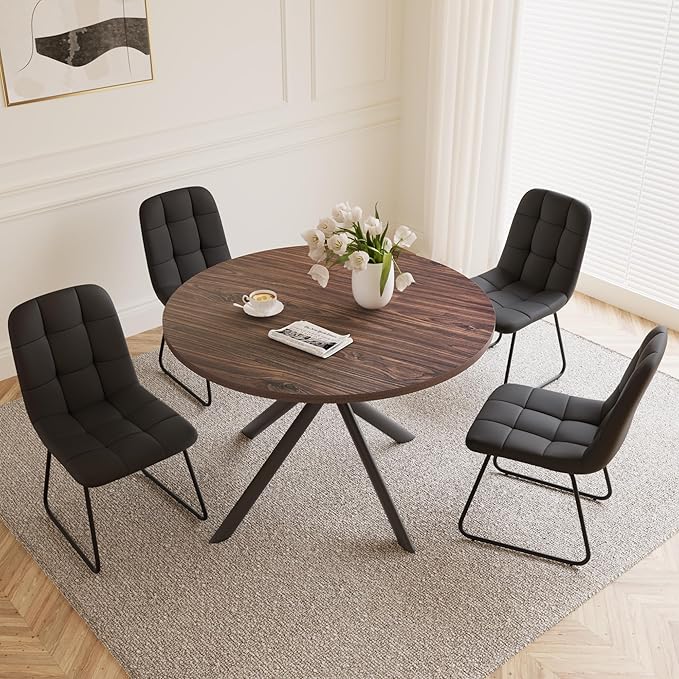 45.3 Inch Round Dining Table Set for 4, Mid Century Modern MDF Coffee Set for Dining Room Kitchen Apartment (Dark Walnut Table + 4 U-Shaped Black Chairs)