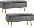 Yaheetech Ottoman with Storage 2pcs, Velvet Entryway Bench with Safety Hinge, Upholstered Bench with Seating for Bedroom, Living Room, Holds up to 519 lb, Gray