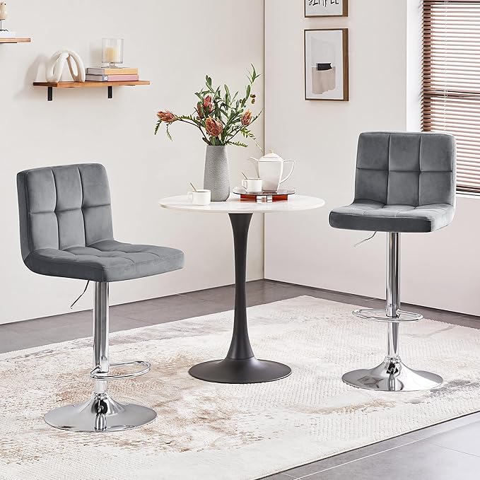 Yaheetech Bar Stools Set of 4, Velvet Fabric Swivel Barstools, Height Adjustable Counter Chairs, Modern Stools with Back for Bar Kitchen Island Dining Room, Dark Grey