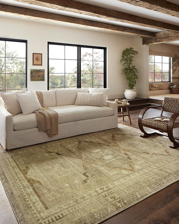 Loloi Magnolia Home by Joanna Gaines Sinclair Collection SIN-02 Khaki/Tobacco 8'-6" x 11'-6", .25" Pile Height, Machine Washable, Area Rug