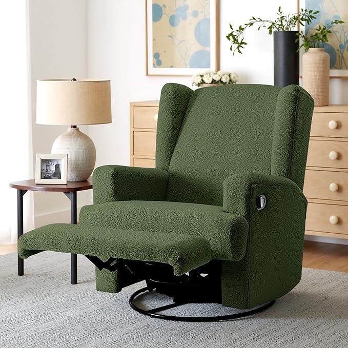 Boucle Swivel Glider Recliner Chair for Adults - Plush High Back Rocker with Deep Seat, Manual Reclining Upholstered Armchair for Living Room or Nursery, Textured Fabric Accent Chair-Green