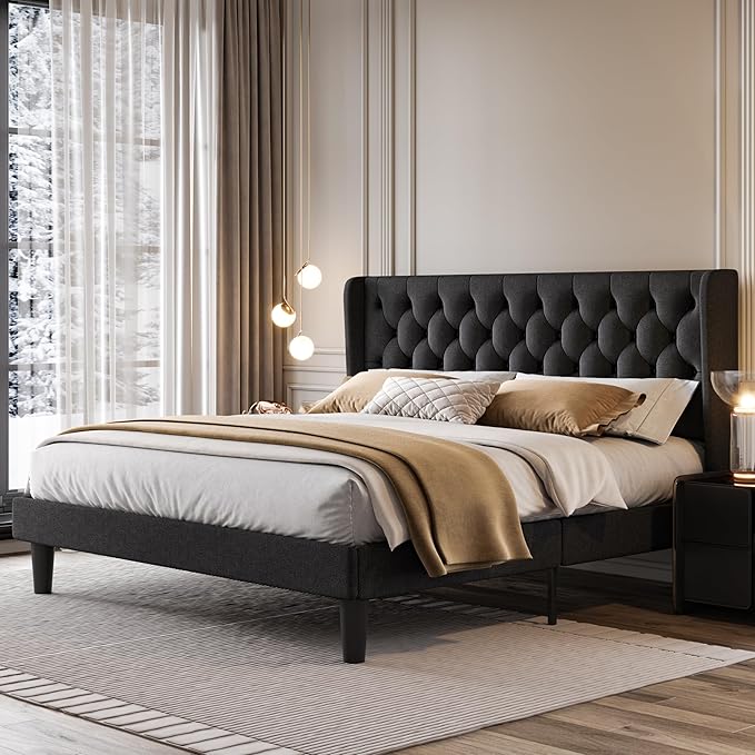 SHA CERLIN King Size Platform Bed Frame with Upholstered Headboard and Wingback, Button Tufted Design, Easy Assembly, No Box Spring Needed, Black