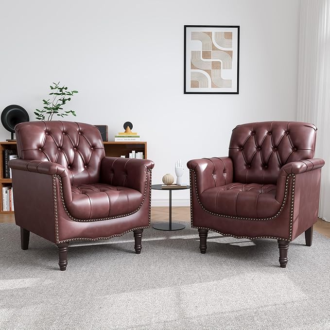 UIXE Faux Leather Accent Chair for Living Room, Tufted Arm Chair Retro Upholstered Club Armchair with Solid Wood Legs - Dark Red, Set of 2