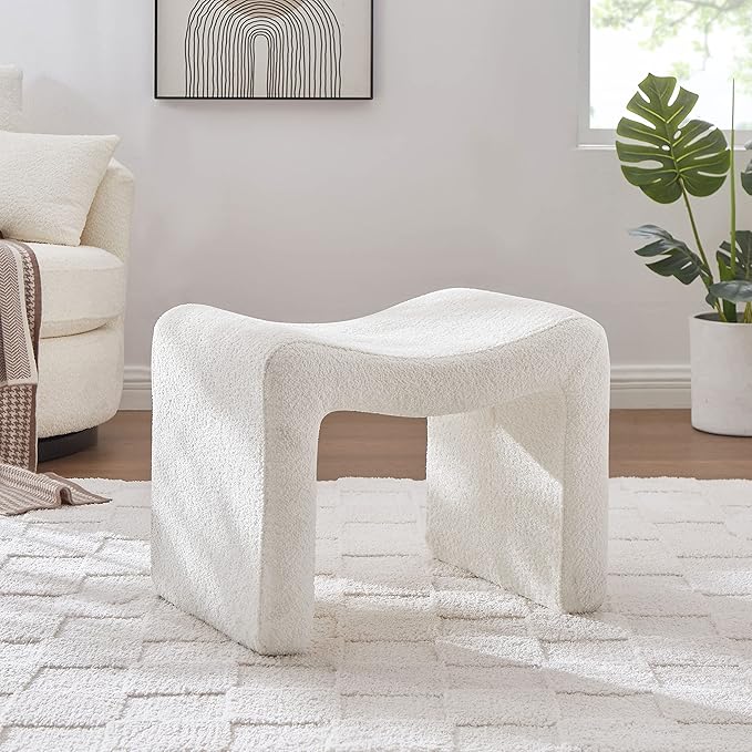 Modern Boucle Ottoman, Vanity Stool Chair, Foot Stool with Wooden Legs Sofa Bench Footstool Extra Seat for Vanity, Makeup Room, Living Room, Entryway, Set 2, White