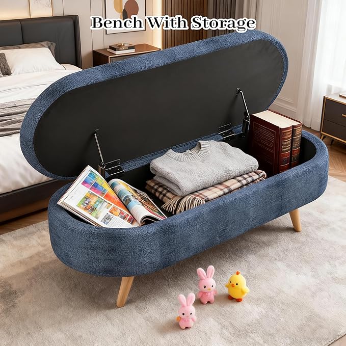 Storage Ottoman Bench 43" Storage Bench for Bedroom, Upholstered Soft Boucle Fabric End of Bed with Safety Hinge Solid Wood Legs Foot Stool Benches for Hallway,Closet,Oval, Entryway, Dark Blue