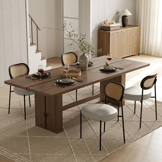 Rattan Dining Chairs Set of 2, Beige Leather Upholstered Dining Chairs with Rattan Cane Back, Mid Century Modern Dining Room Chairs with Black Metal Legs & D-Shaped Thicken Cushion, Beige