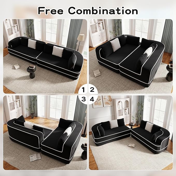 135" Modular Sectional Couch, 4-Seater with Throw Pillows Modern Teddy Fabric Foam Boneless Sofa for Living Room, Oversized with Deep Seat, No Assembly Required,Black
