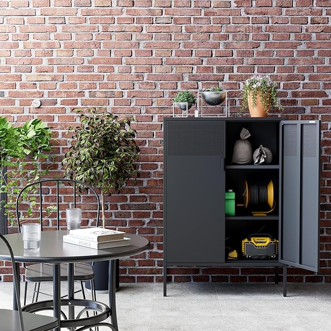 Black Metal Storage Cabinet, Metal Locker Storage Cabinet with Doors and Shelves, 3 Tier Steel Office Storage Cabinet, Metal Sideboard for Home, Office, Kitchen and Coffee Bar