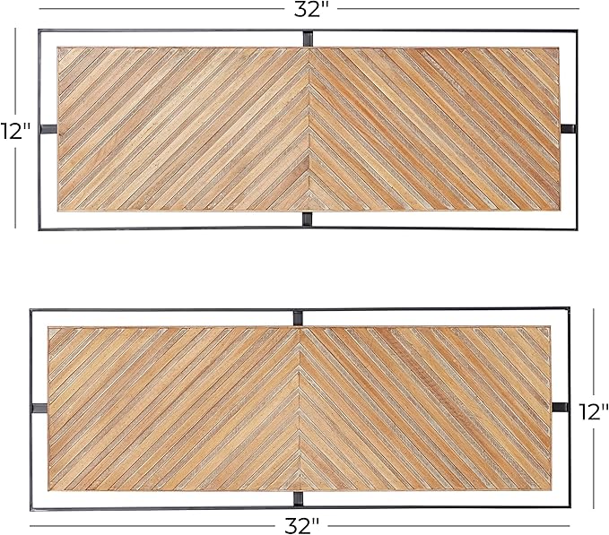 Deco 79 Wooden Geometric Home Wall Decor Linear Carved Wall Sculpture with Black Frame, Set of 2 Wall Art 32"W, 12"H, Brown
