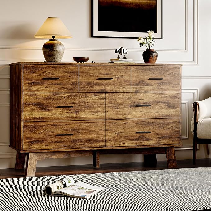 Dresser for Bedroom with 7-Drawer, 47.2" Wide Modern Chest of Drawers with Metal Handles, X-Shape Base & Adjustable Center Leg, Anti-Tip Closet Organizers and Storage