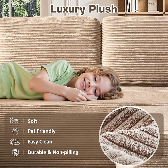 106" Cloud Sectional Couch with L-Shape Chaise & Ottoman, No Assembly Modular Sofa, Deep Seat Corduroy Boneless Couched for Living Room (Camel Stripe Corduroy, Left Facing Chaise with Ottoman)
