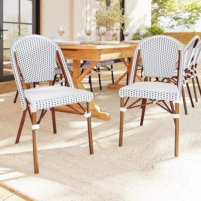 Martha Stewart Lily Pond Indoor-Outdoor Stackable Bistro Chairs with Natural Woodgrain Aluminum Frame Finish, White/Navy Woven Rattan Backrests/Seats, Set of 2
