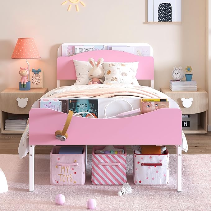 Timy Kids Twin Bed Frame with Bookcase Headboard and Footboard, Metal Platform Bed Frame for Boys Girls Teens, No Box Spring Needed, White and Pink