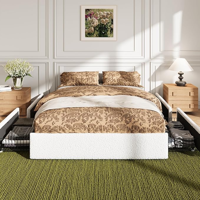 Allewie Full Size Bed Frame with 4 Oversized Storage Drawers, Soft Teddy Fabric, Boucle Upholstered Platform Bed, Wooden Slats Support, Noise-Free, No Box Spring Needed, Easy Assembly, White