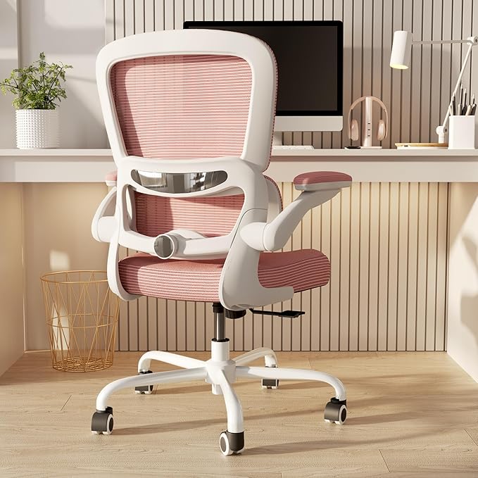 TRALT Ergonomic Office Chair - Desk Chair with Adjustable Lumbar Support Computer Chair - Mesh Comfy Chair with Flip-up Armrests - Gaming Chairs for Adults Home Office (Leather, Pink)