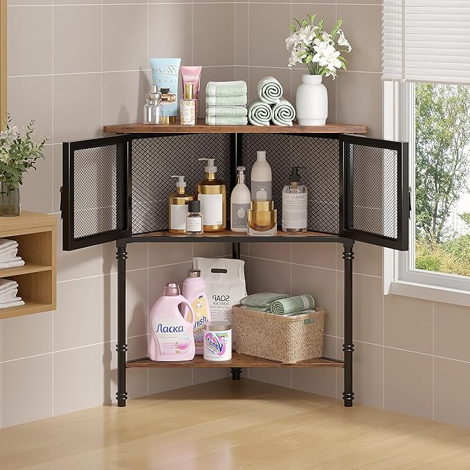 VECELO 3 Tier Corner Shelf,Corner Table with Mesh Door and Open-Shelf,Corner Cabinet Stand,Metal Frame Organizer Display Storage Shelves for Bedroom,Living Room,Kitchen,Bathroom