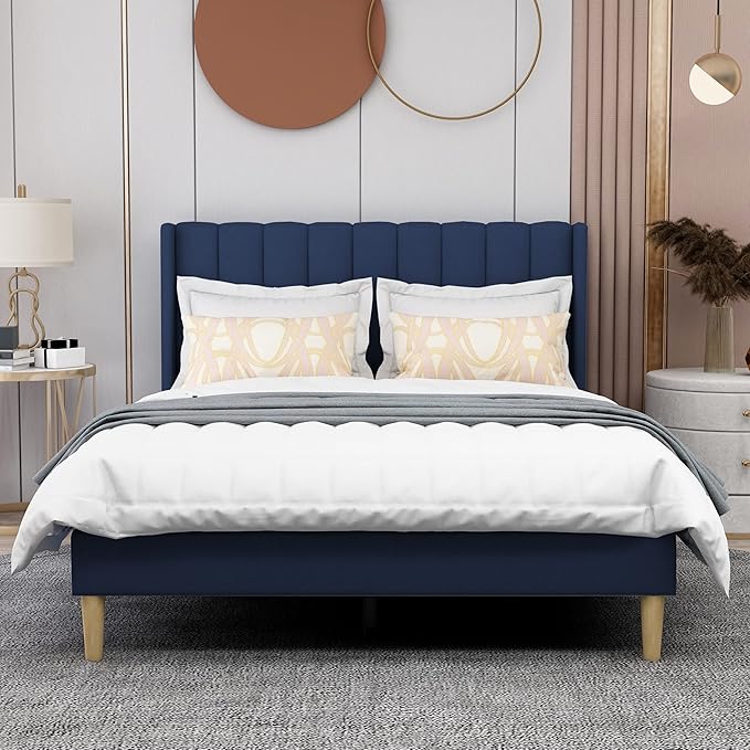 AGARTT Upholstered Platform Bed Frame Full Size with Headboard and Footboard/Wooden Slats Support/No Box Spring Needed/Easy Assembly,Blue Velvet