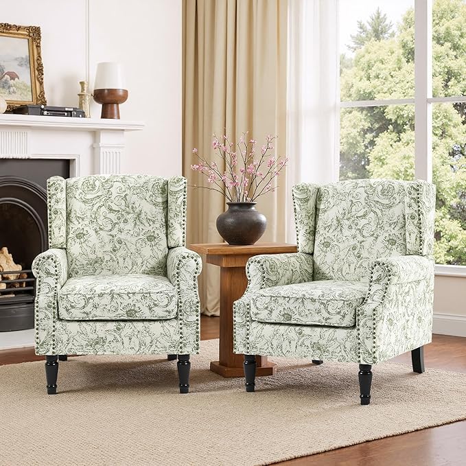 Accent Chair, Upholstered High Back Floral Armchair with Nailhead Trim & Wood Legs, Comfy Wingback Reading Single Sofa Chair for Small Spaces, Living Room, Bedroom-Floral Rococo Green, Set of 2