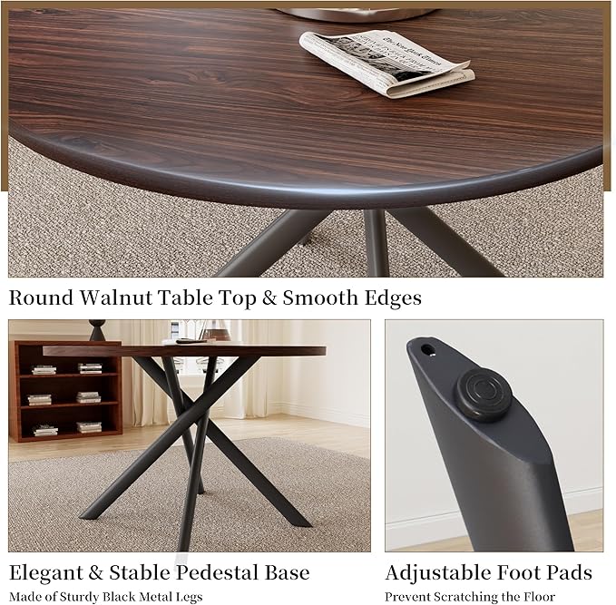 45.3'' Walnut Round Dining Table Set for 4, Mid Century Modern Small Coffee Set for Dining Room Kitchen Apartment (Dark Walnut Table + 4 White Chairs)