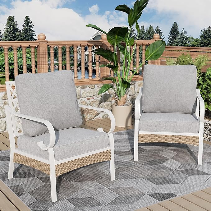 Patio Chairs Set of 2, Outdoor Sofa Chairs with Deep Seating and 5.5" Cushions, Steel Frame Porch Furniture for Lawn Backyard Deck, Light Grey