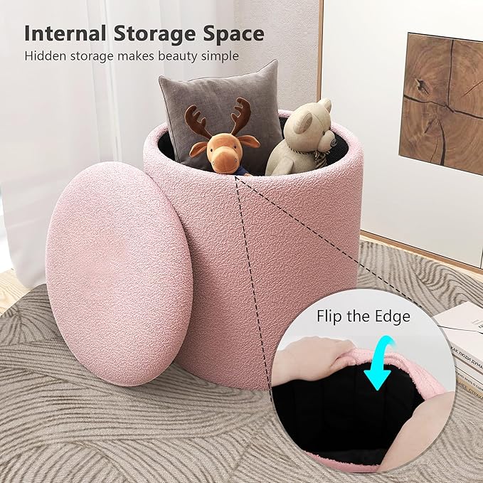 Ottoman Poufs with Storage, Set of 2 Soft Upholstered Vanity Stool,Multifunctional Ottomans Coffee Table Padded Seat Foot Rest for Living（Pink, Pack of 2）