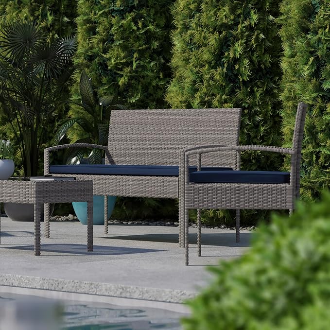 Flash Furniture Aransas Series 4 Piece Gray Patio Set with Steel Frame and Navy Cushions
