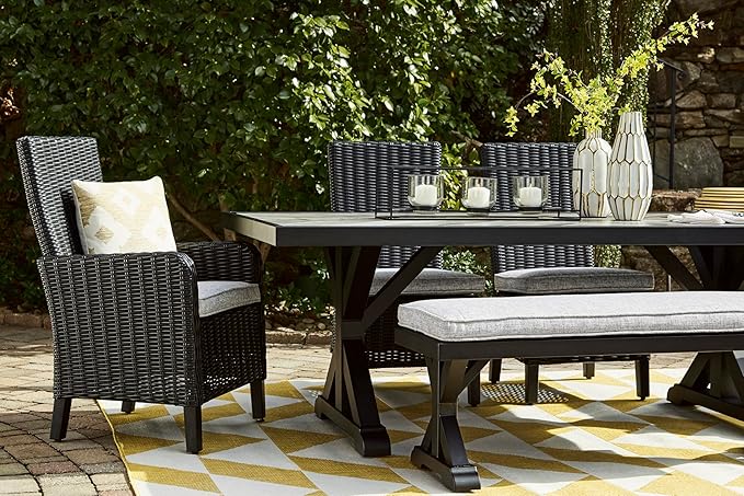 Signature Design by Ashley Beachcroft Casual Nuvella Weather Resistant Fabric Outdoor Bench with Cushion, Light Gray & Black