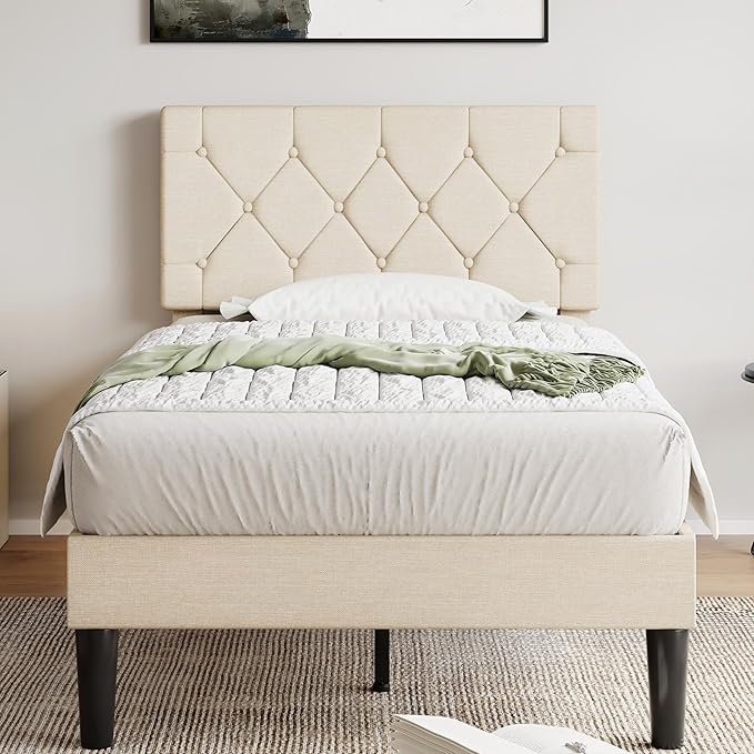 VECELO Twin Size Bed Frame with Button Tufted Headboard, Upholstered Platform Bedframe with Wood Slat Support, No Box Spring Needed, Cream Beige