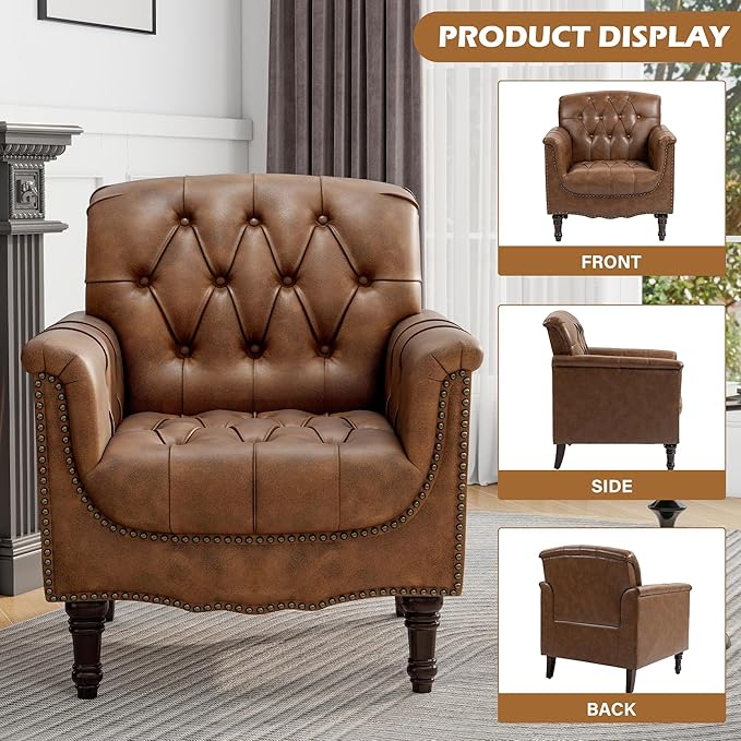 UIXE Faux Leather Accent Chairs Set of 2, Comfy Club Chair Upholstered Armchair for Living Room, Button Tufted Arm Chair Retro Single Sofa Side Reding Seat for Bedroom - Brown
