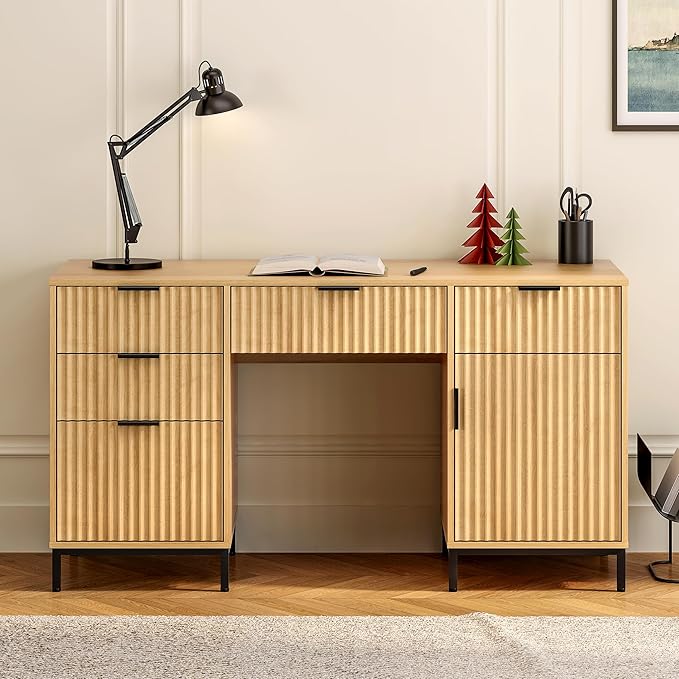 Fluted Executive Desk with File Drawer, 55" Large Computer Desk with Storage and Charging Station, Modern Wooden Home Office Desk for Workspace, Writing, Study, Nautral Oak