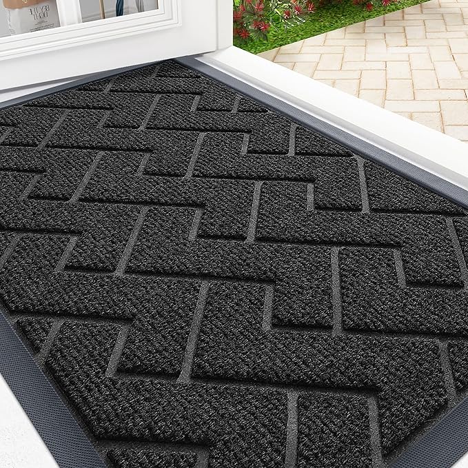 OLANLY Front Door Mat Indoor Outdoor Entrance, Waterproof All-Season, All-Weather Doormat, Sturdy Natural Rubber, Low Profile, Easy Clean Patio Porch Entryway Mat, Herringbone Brick (Black, 71x23)