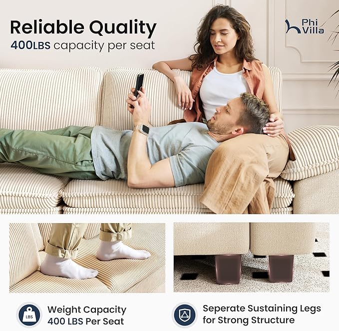 PHI VILLA Cloud Modular Couch Sets, 123.6" Sectional Sofa with L-Shaped Chaise Ottoman, 4-Seater Couches with Upholstered Deep Seat for Living Room, Chenille Corduroy Dual Fabric, Beige