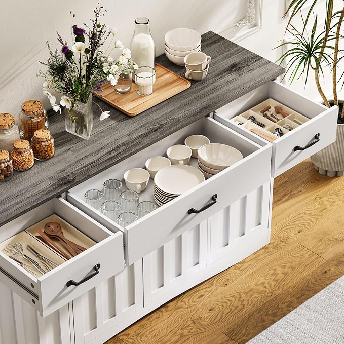 Gizoon Sideboard Buffet Cabinet with Storage, Modern Kitchen Sideboard and Coffee Bar with Drawers and Doors, Wood Buffet Table for Dining Room, 15.2" D x 55.1" W x 31.9" H, White/Grey