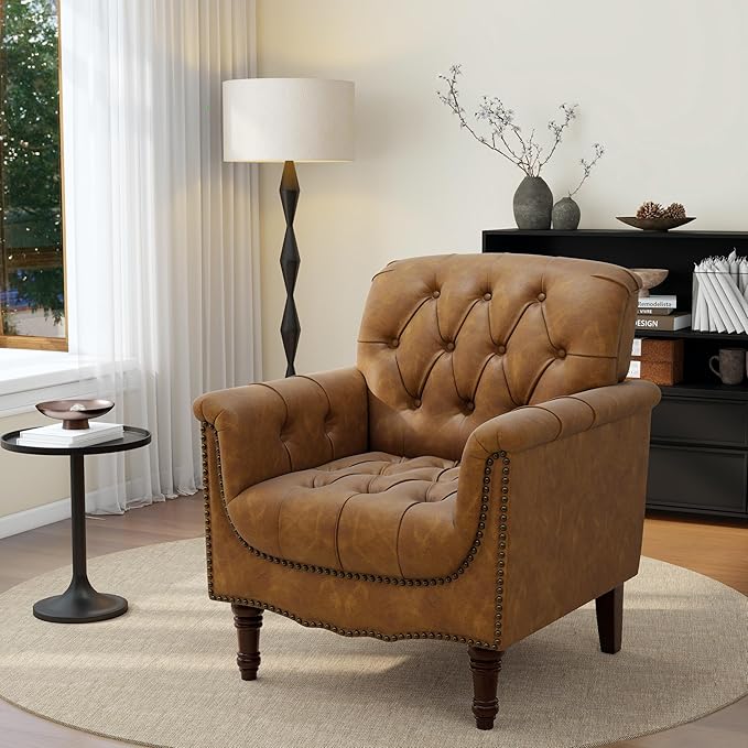 UIXE Faux Leather Accent Chair for Living Room, Upholstered Retro Armchair Tufted Club Arm Chair Single Sofa Lounge Bedroom Side Reading Seating with Solid Wood Legs, Camel