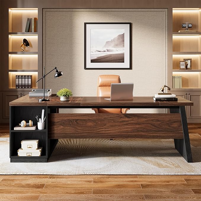 Tribesigns 78" L Shaped Executive Desk, Large Office Desk with Drawers and Storage Shelves, Modern Corner Computer Table Business Furniture for Home Office (Black & Brown)