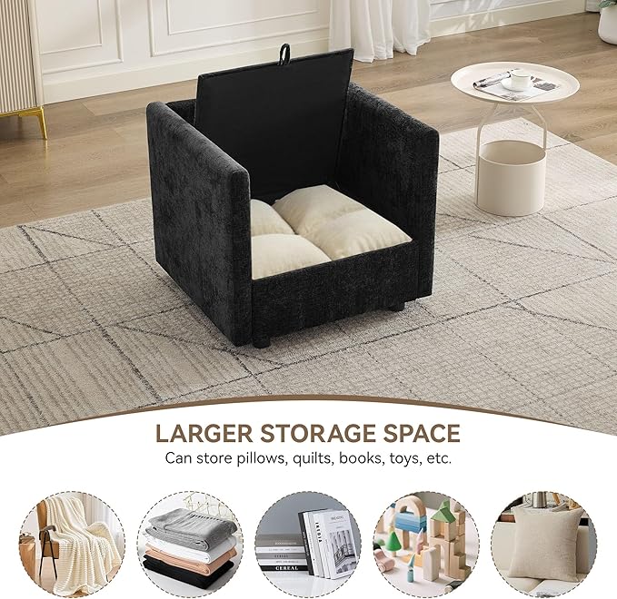 30" Cloud Modular Single Sofa Chair with Storage, Modern Upholstered Accent Chair Deep Seat, Chenille Reading Lounge Armchair for Living Room, Bedroom, Small Space, Black