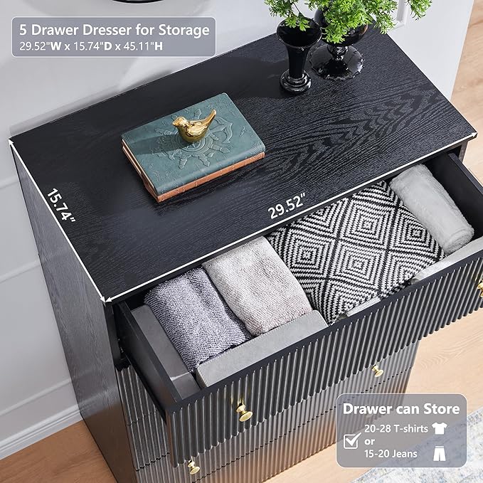 Fluted Dresser for Bedroom, Black 5 Drawer Dressers, Wood Tall Dresser Storage Organizer, Chest of Drawers with Deep Storage, Modern Bedroom Chest for Closet Hallway, Entryway, Living Room