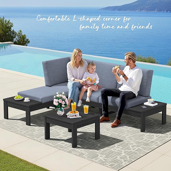 SERWALL HDPE Patio Furniture Set, Modular Outdoor Sectional Sofa Set with Built-in Side Tables, Seats 4, All-Weather Patio Conversation Set for Garden, Deck, Porch, Black Frame with Grey Cushion