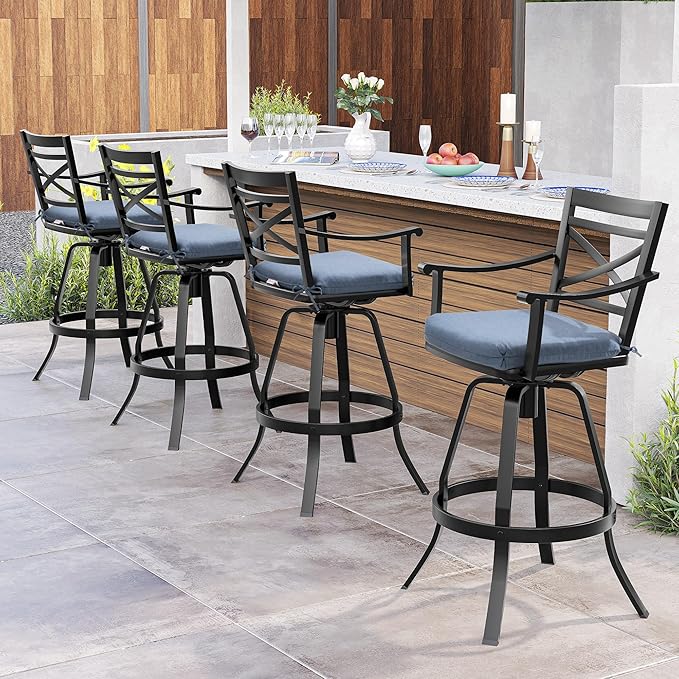 Pellebant 30" Sunbrella Outdoor Bar Stools Set of 2, Aluminum Swivel Patio Bar Height Bar Stools with Back & Footrest, for Deck Lawn Garden(Spectrum Denim)