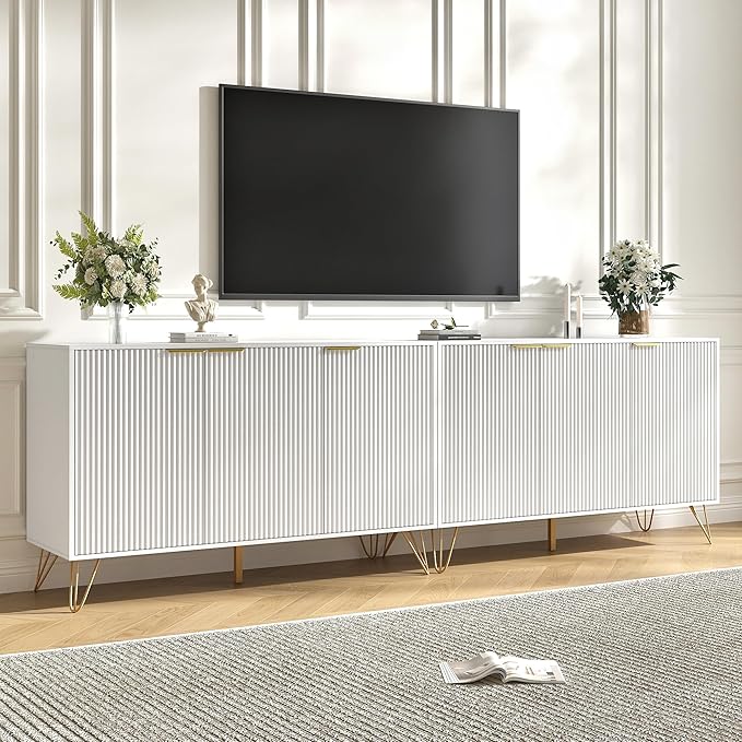 Storage Cabinet Set of 2, White Fluted Cabinet with Adjustable Shelves, Modern Coffee Bar for Kitchen, Living Room and Office