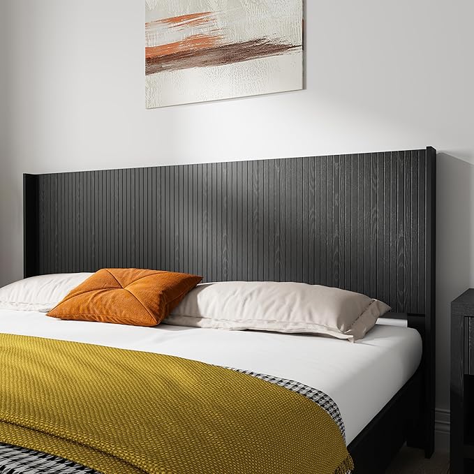 KEIKI Wooden King Size Headboard Only, 80.2" Wide Farmhouse Headboards with Wall Mounted Fluted Panel & Wingback for Bedroom, Black Oak