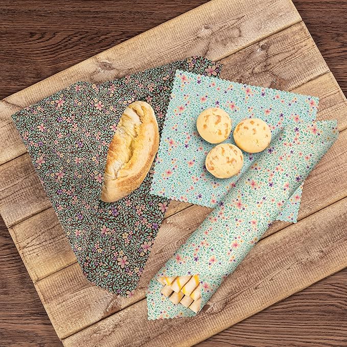 Akeeko Reusable Beeswax Food Wraps - Assorted 9 Packs, Reusable, Plastic-Free Food Storage, 5 Small, 2 Medium, 1 Large, 1 Extra Large Wraps with Water Color Flora Pattern
