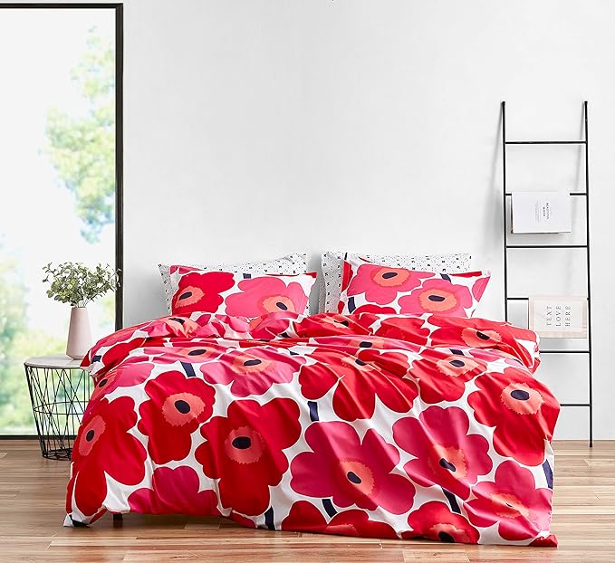 Marimekko - Queen Comforter Set, Cotton Bedding with Matching Shams, Lightweight Home Decor for All Seasons (Unikko Red, Queen)