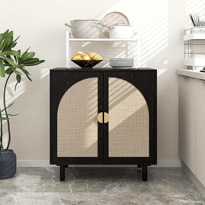 Black Rattan Cabinet-2-Doors,Sideboard Buffet Cabinet with Storage-Accent Storage Cabinet with Cane Door, Boho Wood Credenza for Dining Room, Kitchen,Study Room (Black01-2 Door)