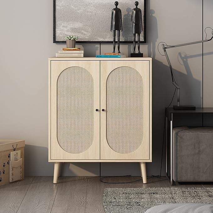 Sideboard Buffet Cabinet, High Kitchen Storage Cabinet with Rattan Doors and Adjustable Shelves, Accent Home Furniture for Living Room, Bedroom (Natural)