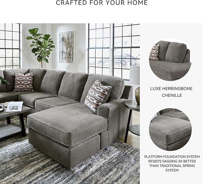 Signature Design by Ashley O'Phannon Casual Left-Arm Facing Herringbone Chenille 2-Piece Sectional with Chaise, Loose Seat Cushions and 2 Throw Pillows, Gray